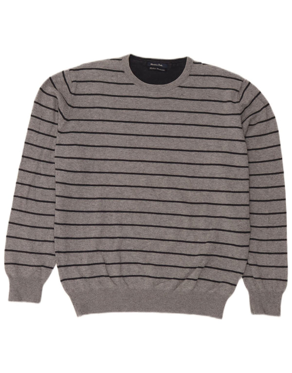 Męski sweter Massimo Dutti z okrągłym dekoltem, duży, szary, bawełniany w paski