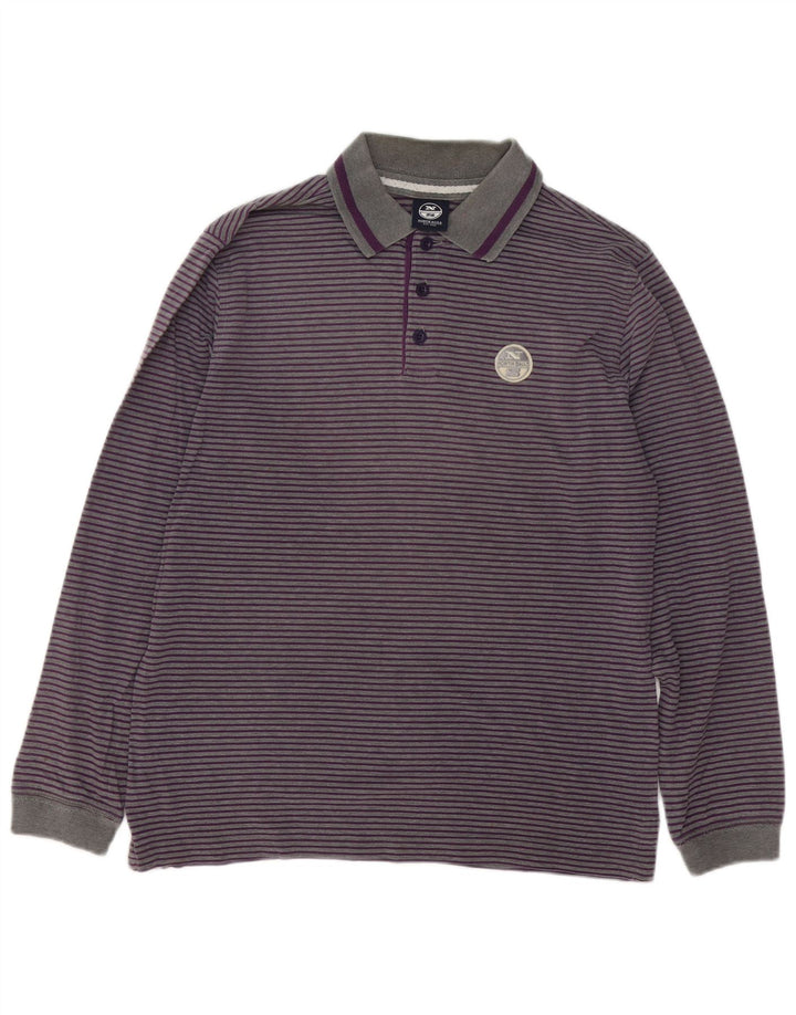 North Sails Mens Long Sleeve Polo Shirt Medium Grey Pinstripe Cotton