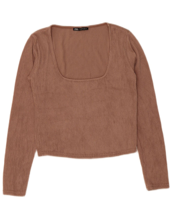 Zara Womens Crop Top Langærmet UK 12 Medium Brun Polyester