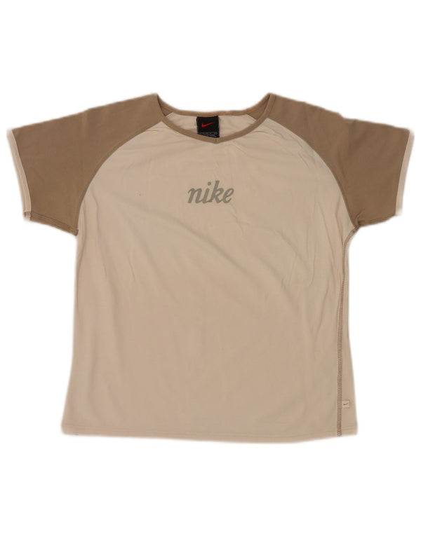 Camiseta gráfica Nike Girls Top 12-13 anos grande bege colorblock algodão