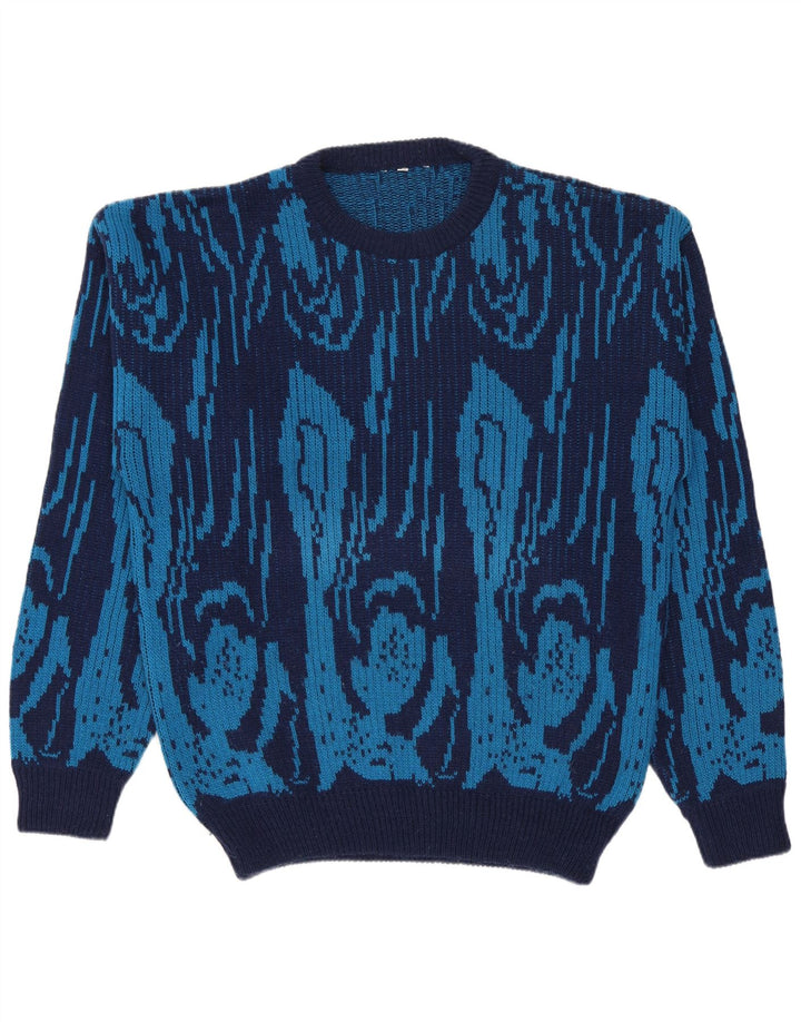 Vintage Mens Crew Neck Jumper Sweater IT 50 Medium Blue Geometric Wool
