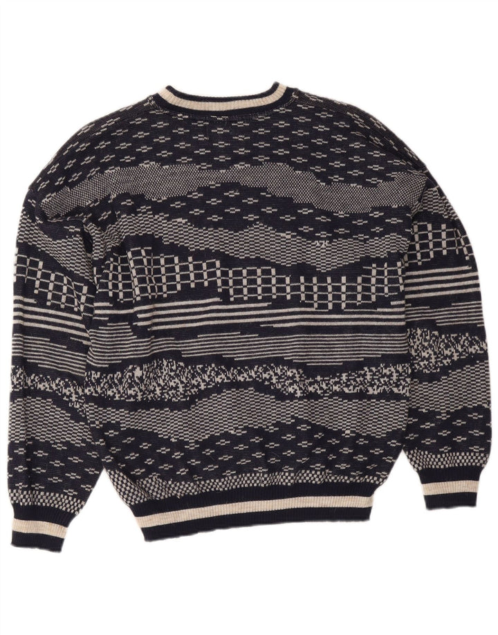 Vintage Mens Crew Neck Jumper Sweater Medium Navy Blue Geometric Wool