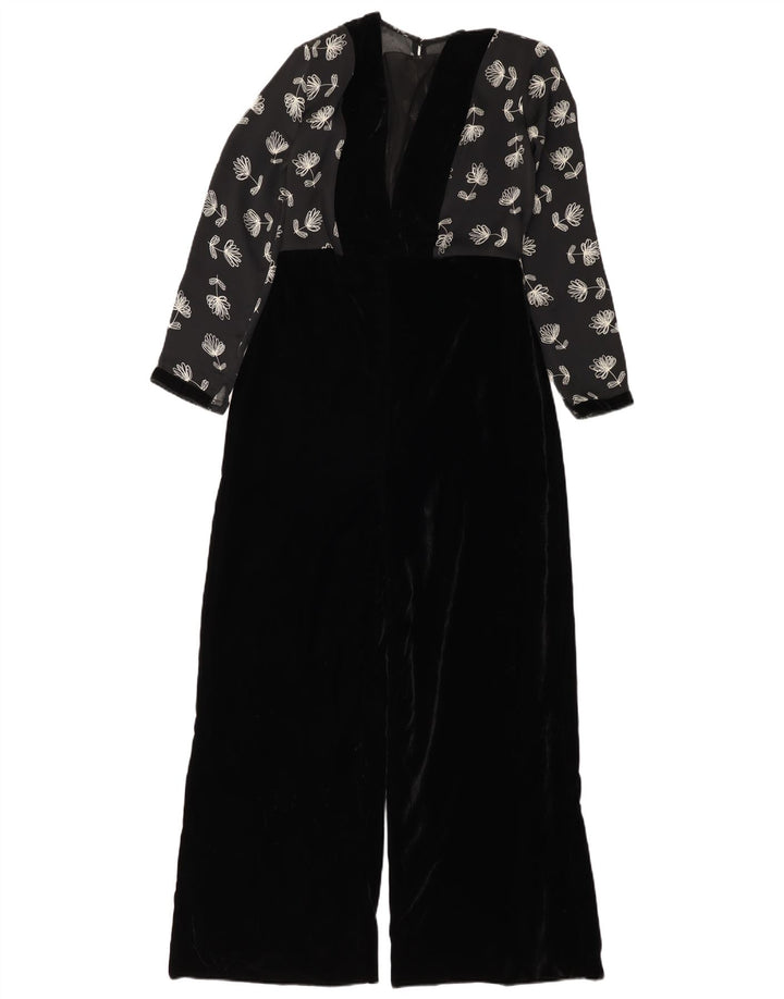 Vintage Dame Velour Jumpsuit UK 12 Medium Black Floral Polyester