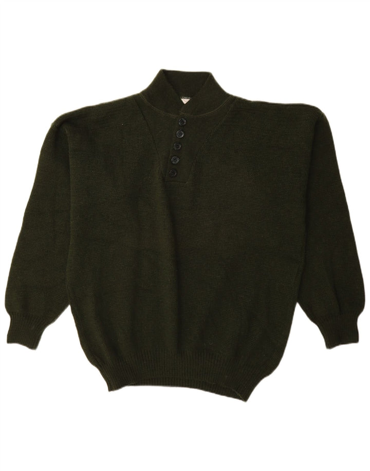 VINTAGE Mens Button Neck Jumper Sweater Medium Khaki Acrylic