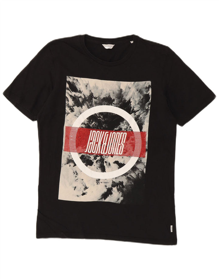 JACK & JONES Mens Graphic T-Shirt Top Medium Black Cotton
