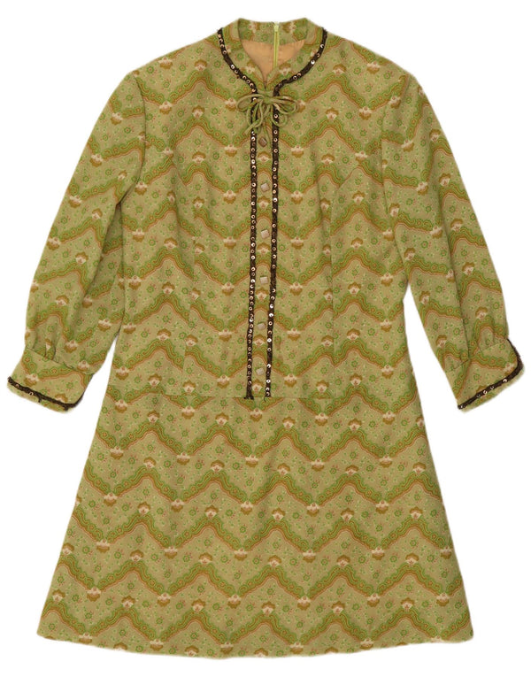 Vintage Womens 3/4 Sleeve A-Line Dress UK 12 Medium Green Chevron