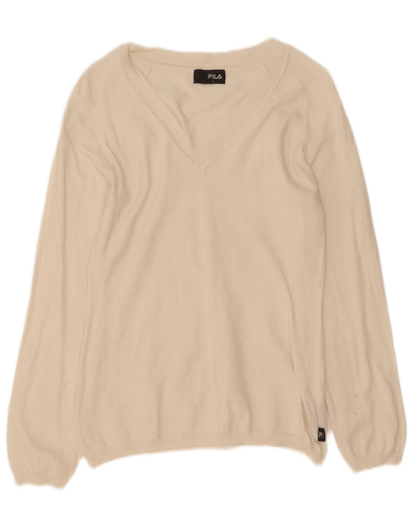 Fila Womens V-Neck Jumper Sweater UK 14 Large Off White Cotton