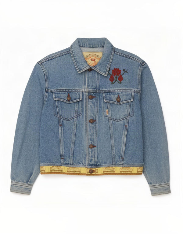 Jaqueta jeans masculina vintage UK 14 floral azul médio