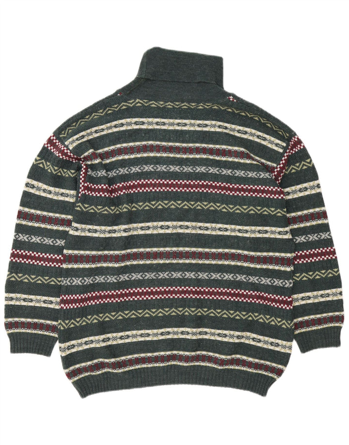 Vintage Mens Roll Neck Jumper Sweater Large Green Fair Isle