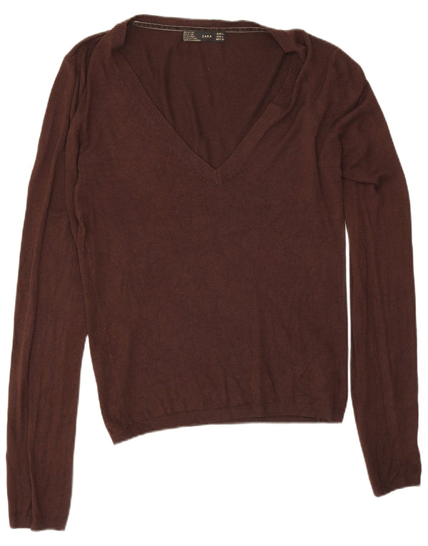 Maglione Zara da donna con scollo a V UK 14 Large Rayon marrone