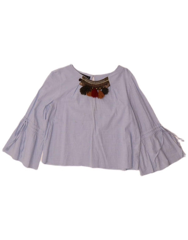 Zara Dame 3/4 ærmet Crop Top UK 14 Medium Blue