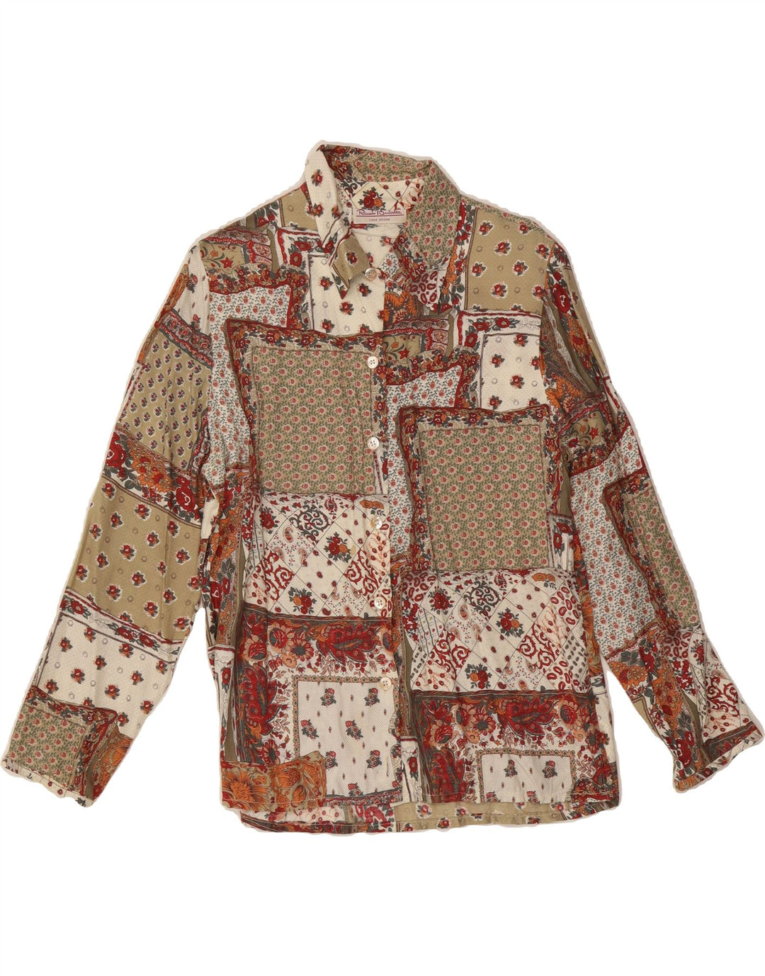 RENATO BALESTRA Womens Shirt Blouse IT 46 Large Brown Patchwork Viscose Vintage Renato Balestra and Second-Hand Renato Balestra from Messina Hembry 