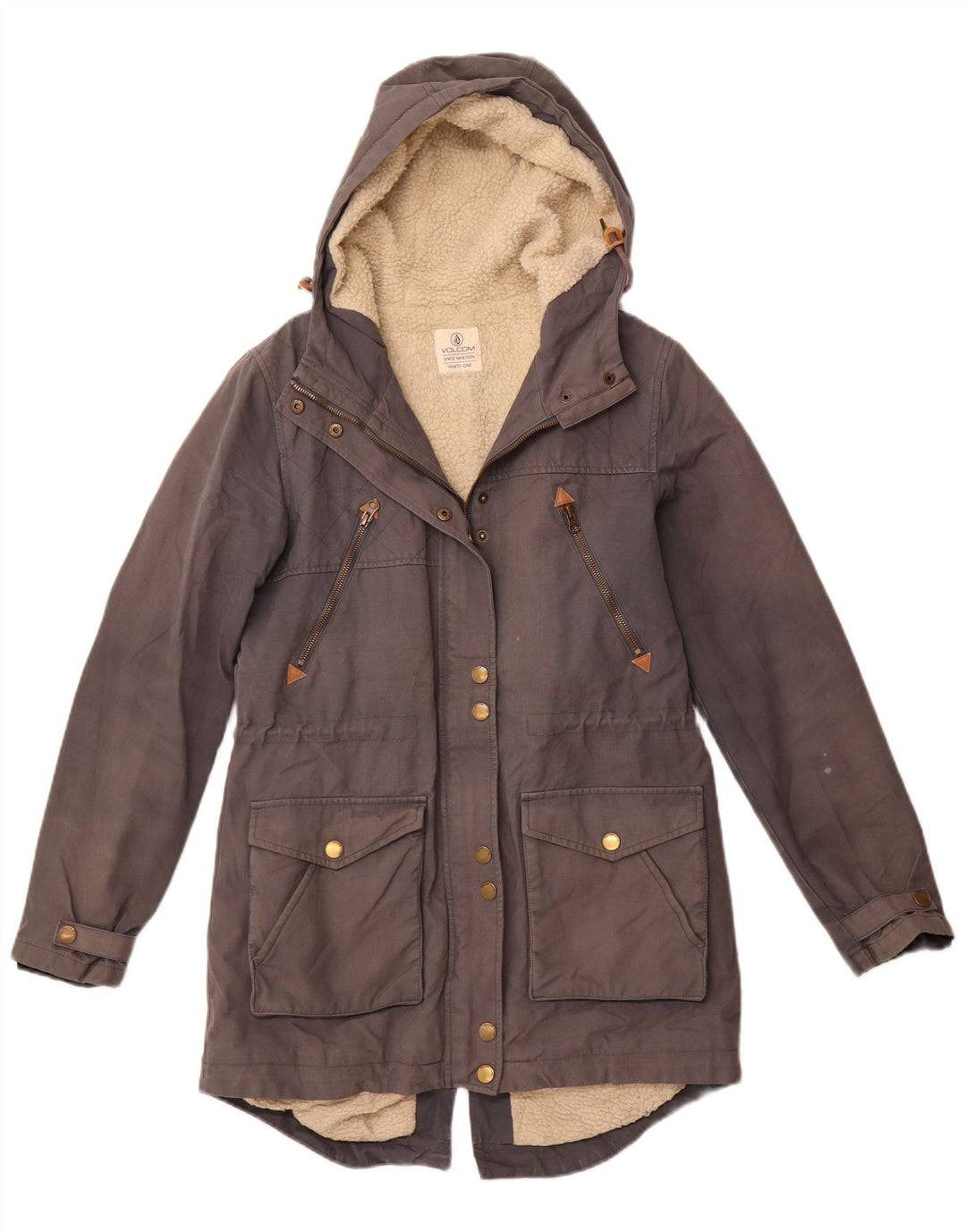 VOLCOM Womens Hooded Sherpa Parka Jacket US 10 Large Grey Cotton