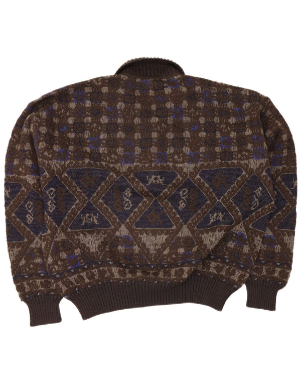 Maglione vintage da uomo vestibilità ampia con collo a polo XL Marrone geometrico