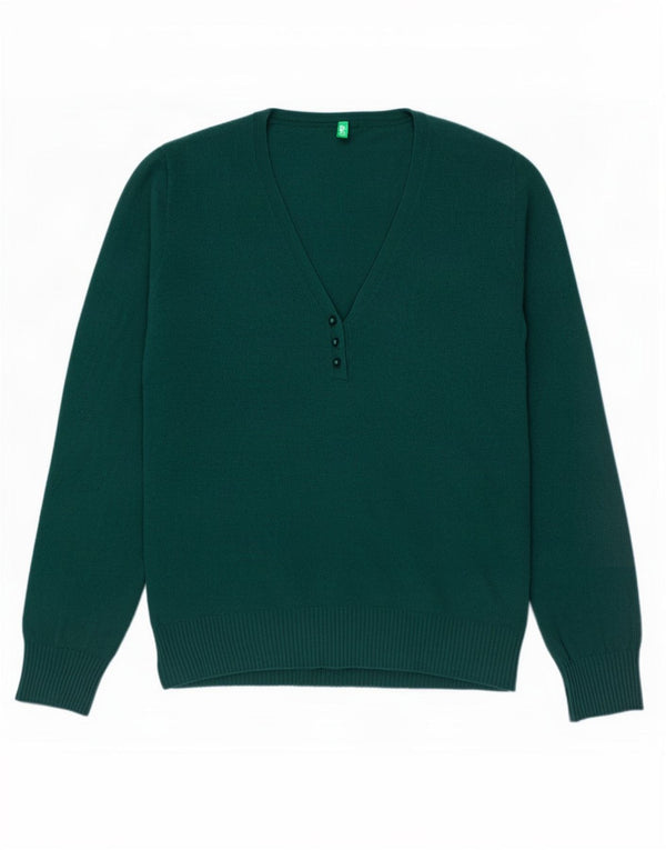 Maglione da donna con scollo a V Benetton UK 16 Large Green Wool