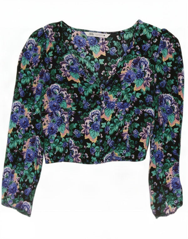 Zara Blusa corta de manga larga para mujer UK 6 XS Multicolor Floral