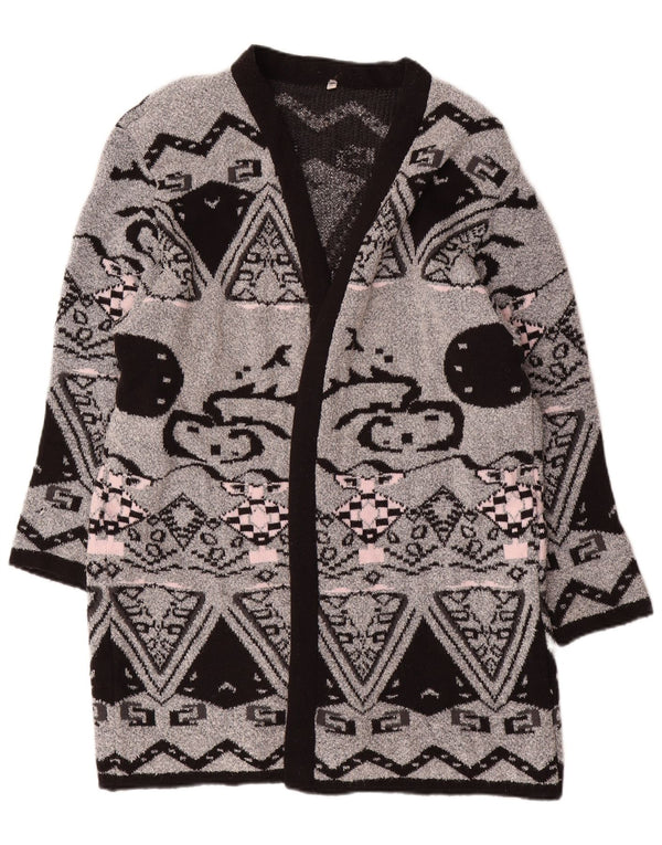 VINTAGE Femmes Longline Open Cardigan Sweater EU 44 XL Gris Géométrique