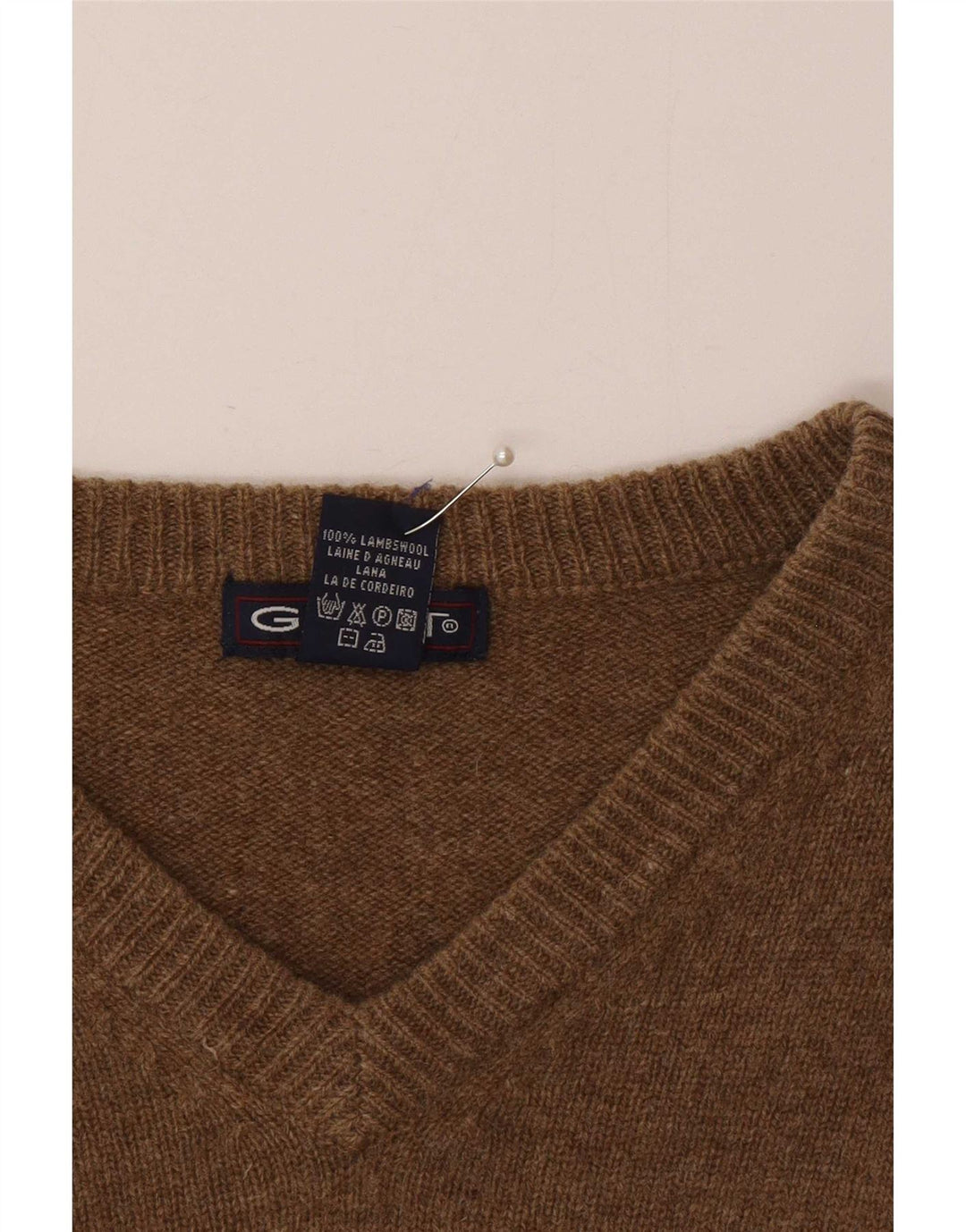 Gant Mens V-Neck Jumper Sweater Medium Brown Flecked Lambswool