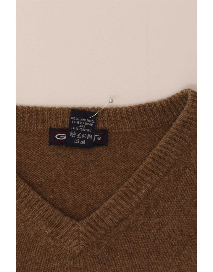 Gant Mens V-Neck Jumper Sweater Medium Brown Flecked Lambswool