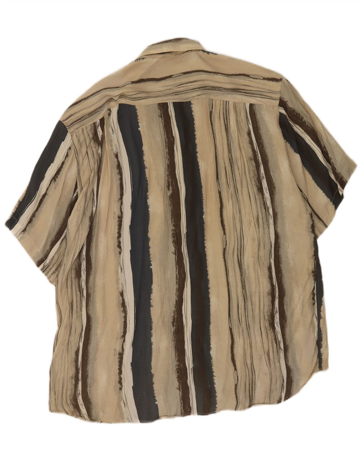 Vintage Mens Short Sleeve Shirt Large Beige Striped Viscose