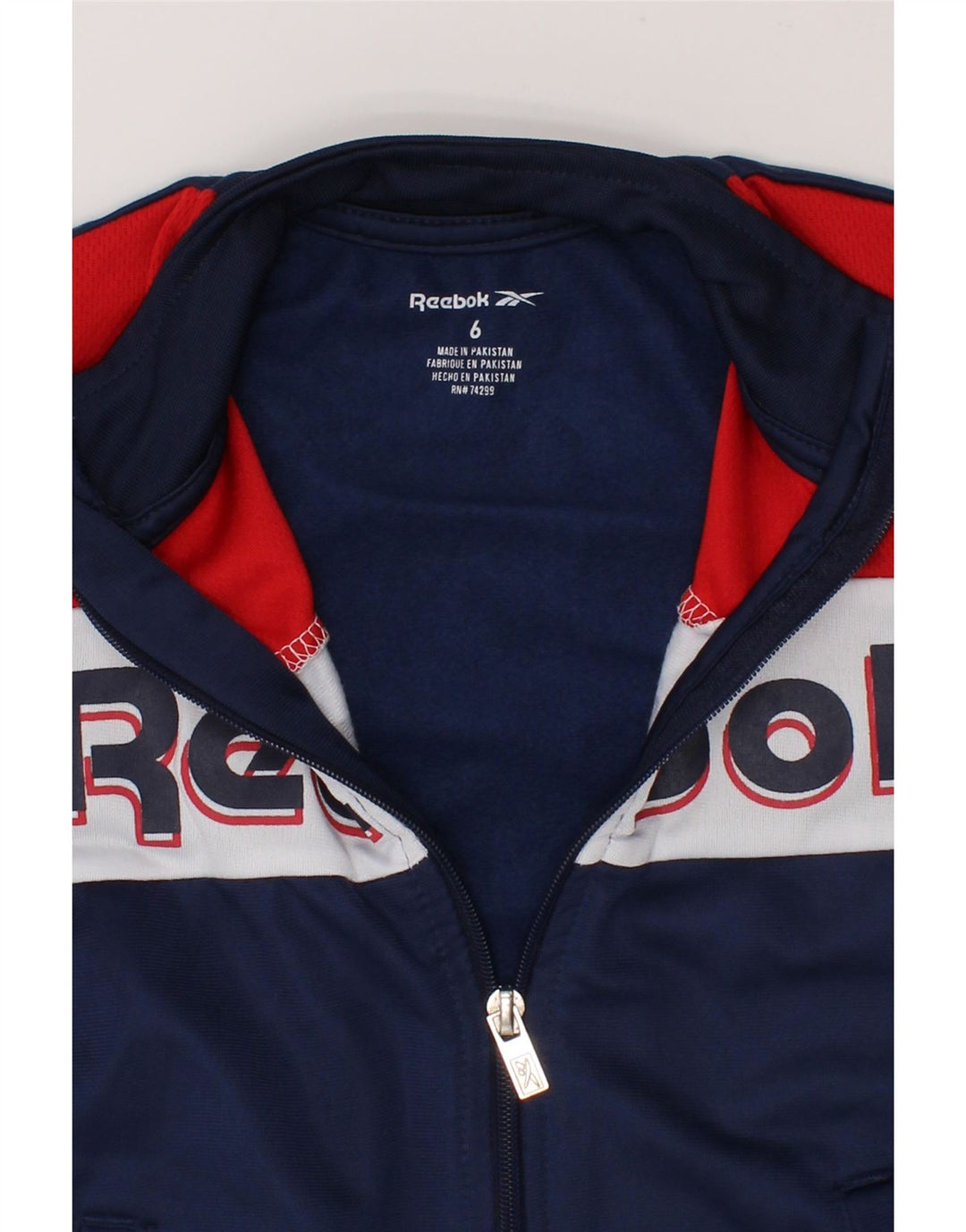 REEBOK Boys Graphic Tracksuit Top Jacket 5-6 Years Navy Blue Colourblock Vintage Reebok and Second-Hand Reebok from Messina Hembry 