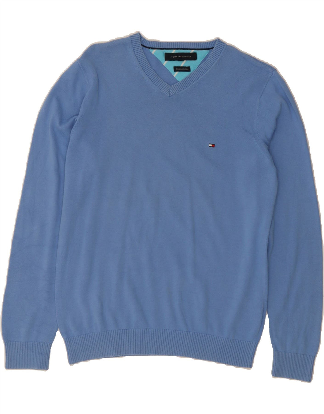 TOMMY HILFIGER Mens V-Neck Jumper Sweater Small Blue Cotton Vintage Tommy Hilfiger and Second-Hand Tommy Hilfiger from Messina Hembry 