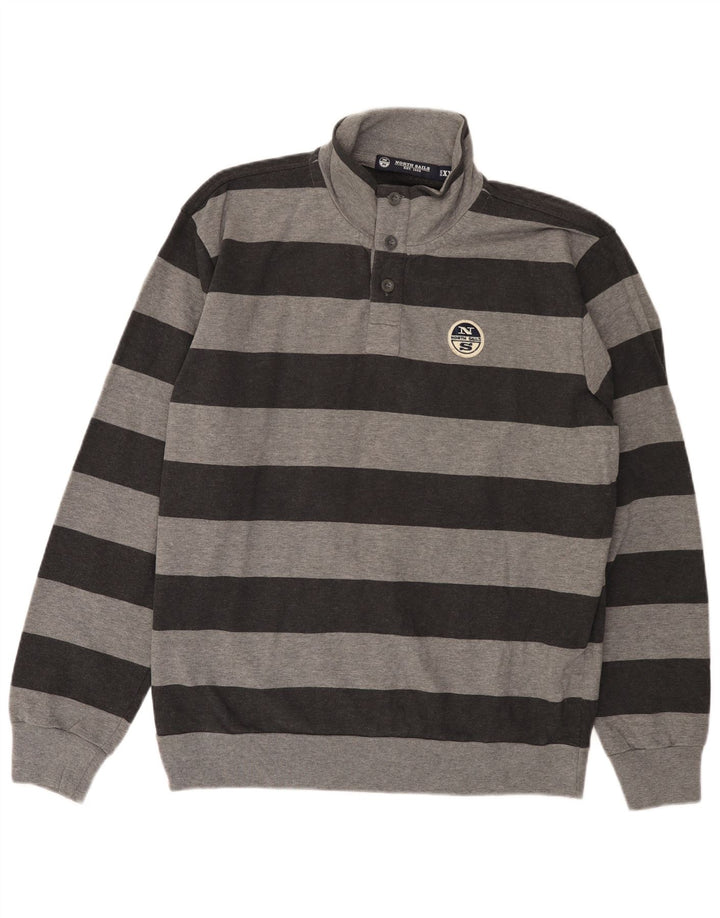 North Sails Mens Button Neck Sweatshirt Jumper 2XL Grey Striped Cotton