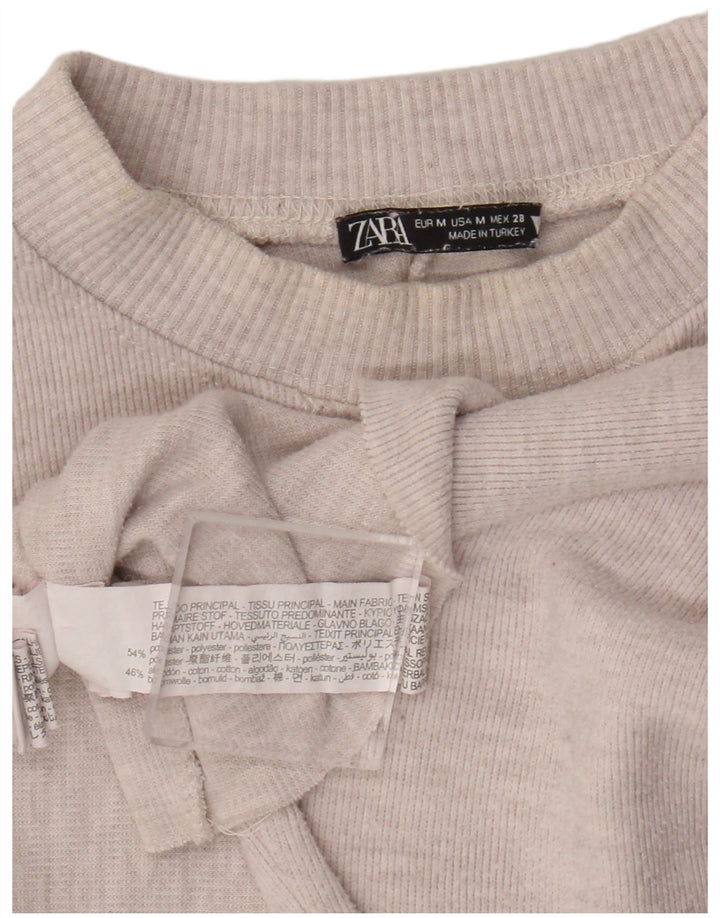 Zara Damen Crop Top Langarm UK 14 Medium Beige Polyester