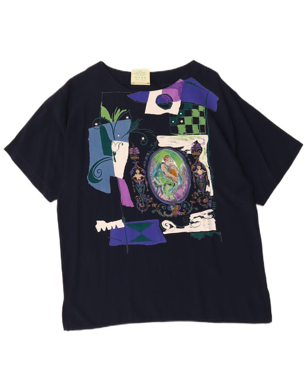 vintage Womens Graphic Blouse Top UK 16 Grand Coton Bleu Marine