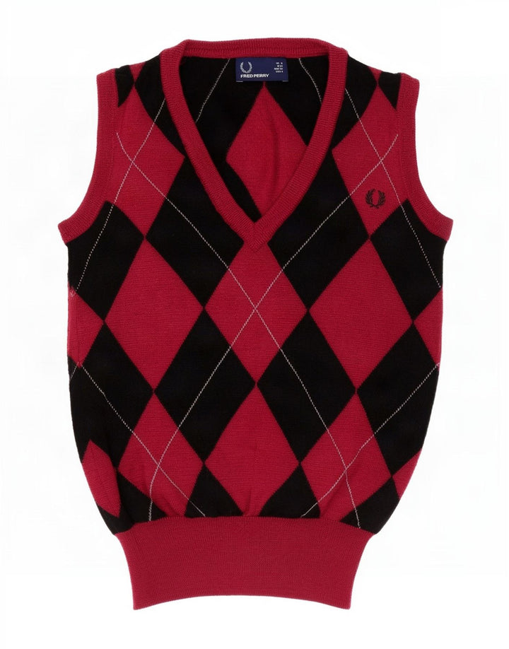 Fred Perry Dame Vest Tank Top UK 8 Small Red Argyle/Diamond Wool