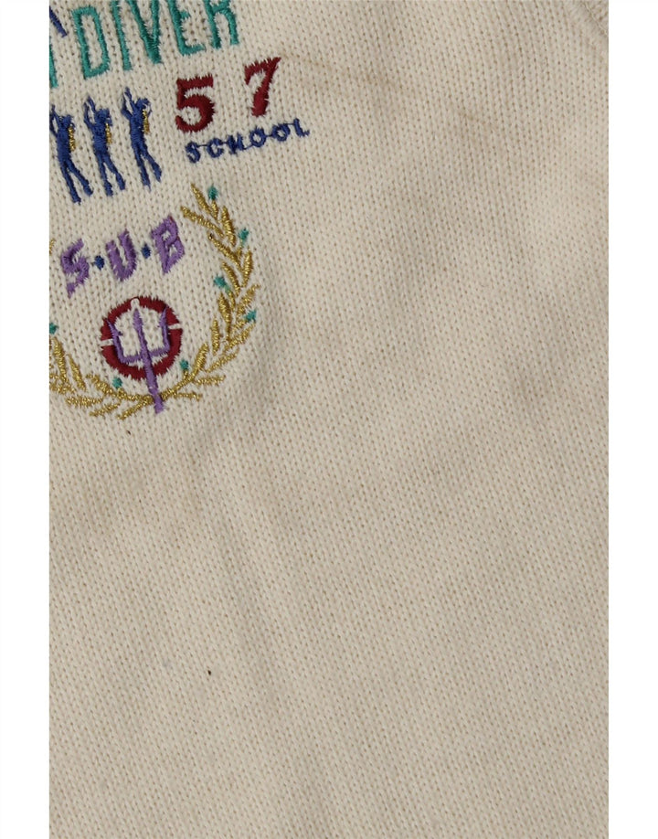 MORGANO Mens Graphic V-Neck Jumper Sweater Medium White Vintage Morgano and Second-Hand Morgano from Messina Hembry 
