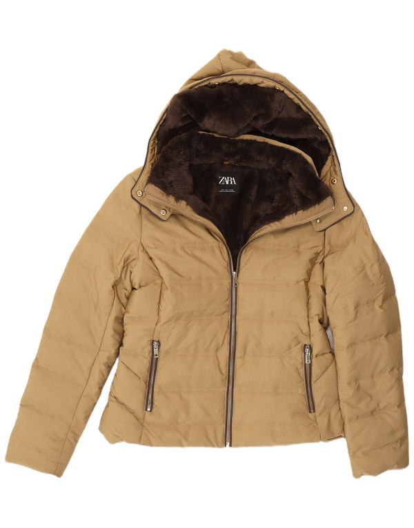 Zara Womens Hooded Sherpa Padded Jacket UK 16 Large Beige