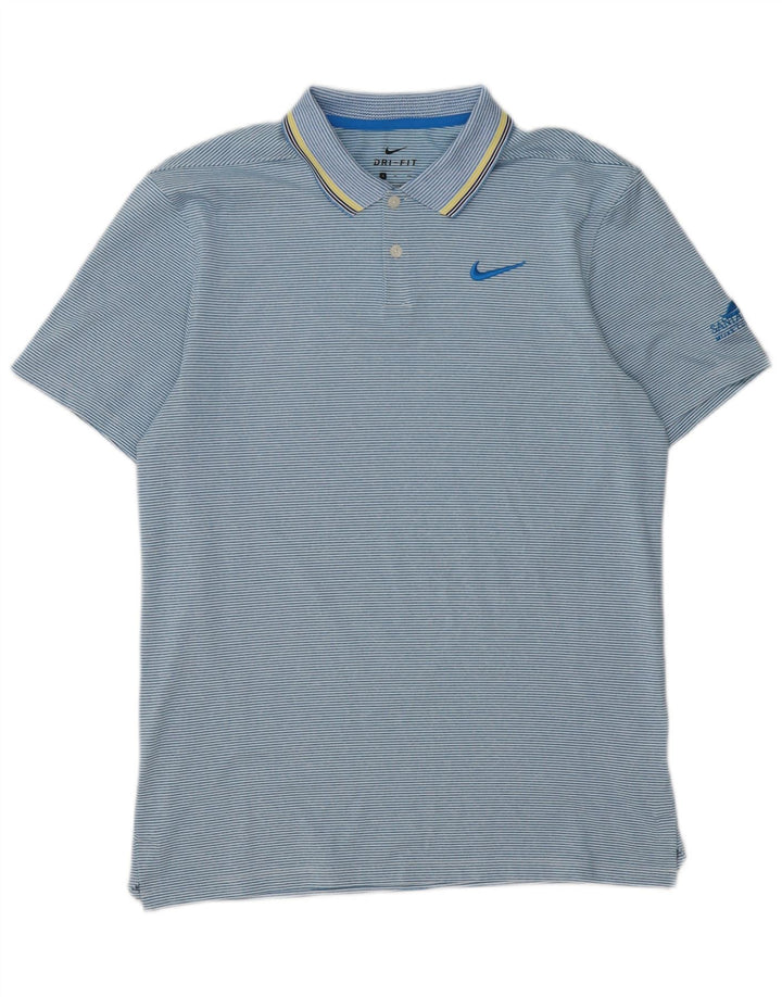 Camisa polo masculina Nike Dri Fit pequena listrada azul de poliéster