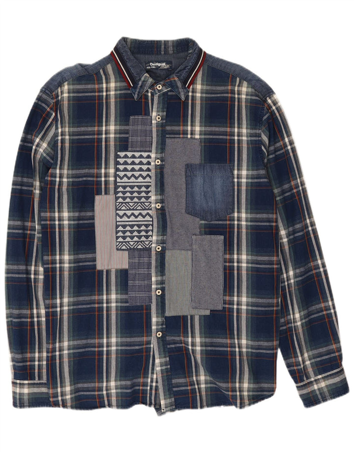 Desigual Mens Shirt 2XL Navy Blue Check Cotton