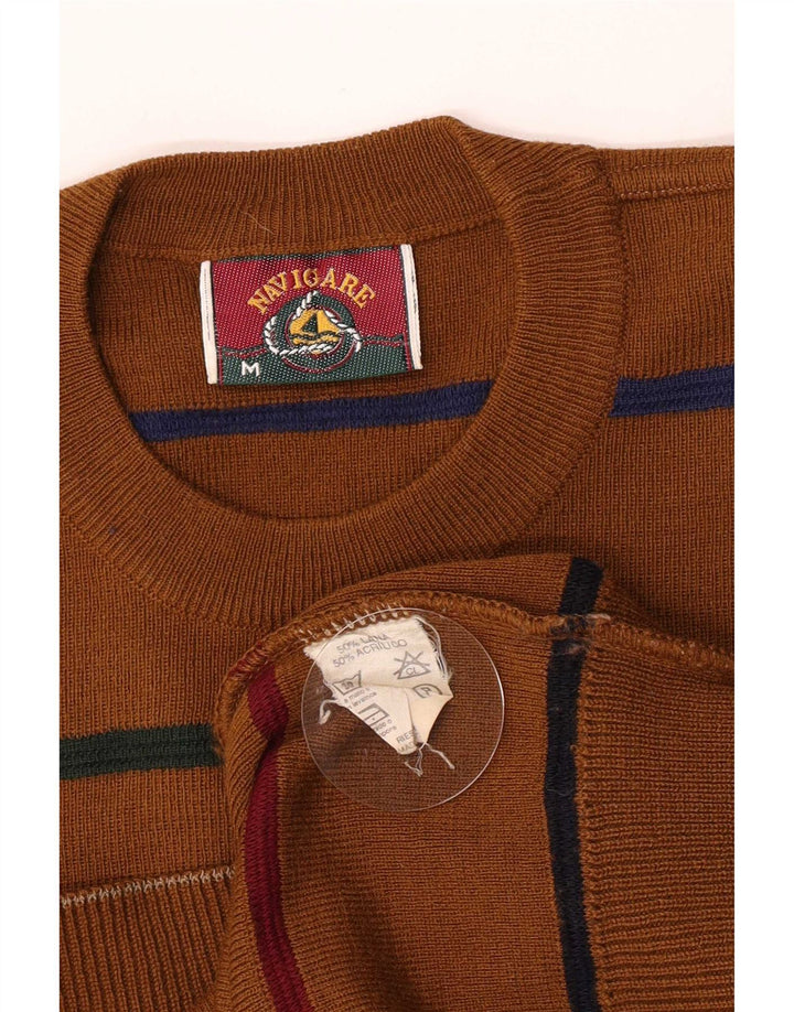 Navigare Mens Crew Neck Jumper Sweater Medium Brown Striped Wool