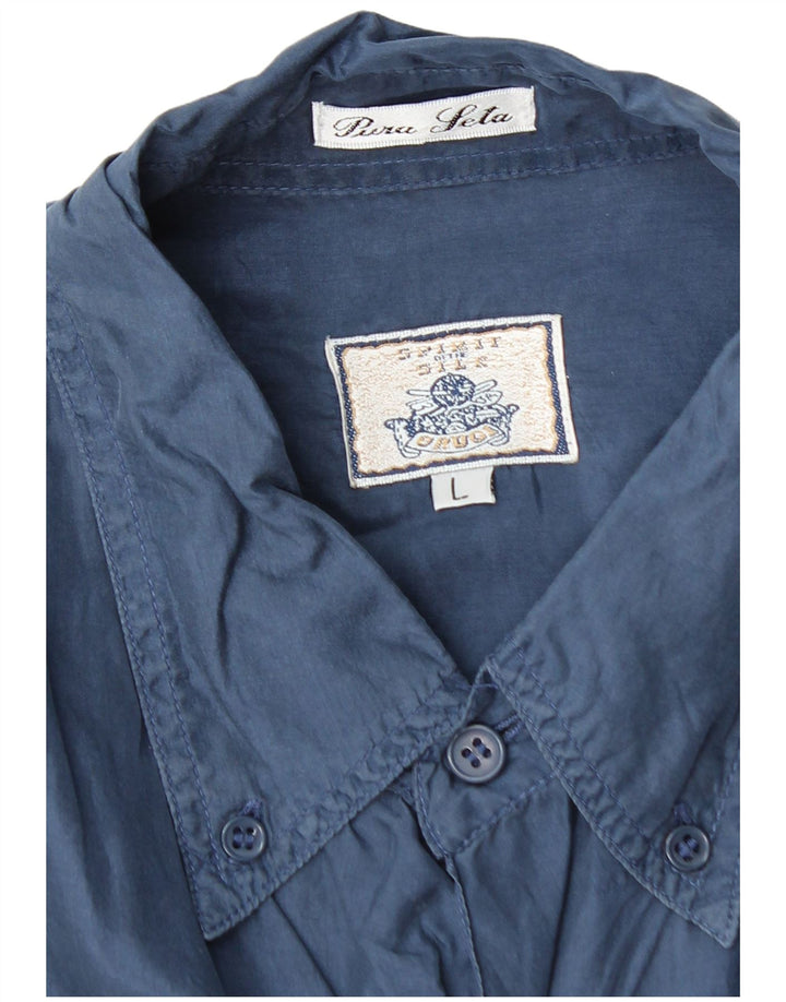 BRUGI Mens Short Sleeve Shirt Large Navy Blue Silk