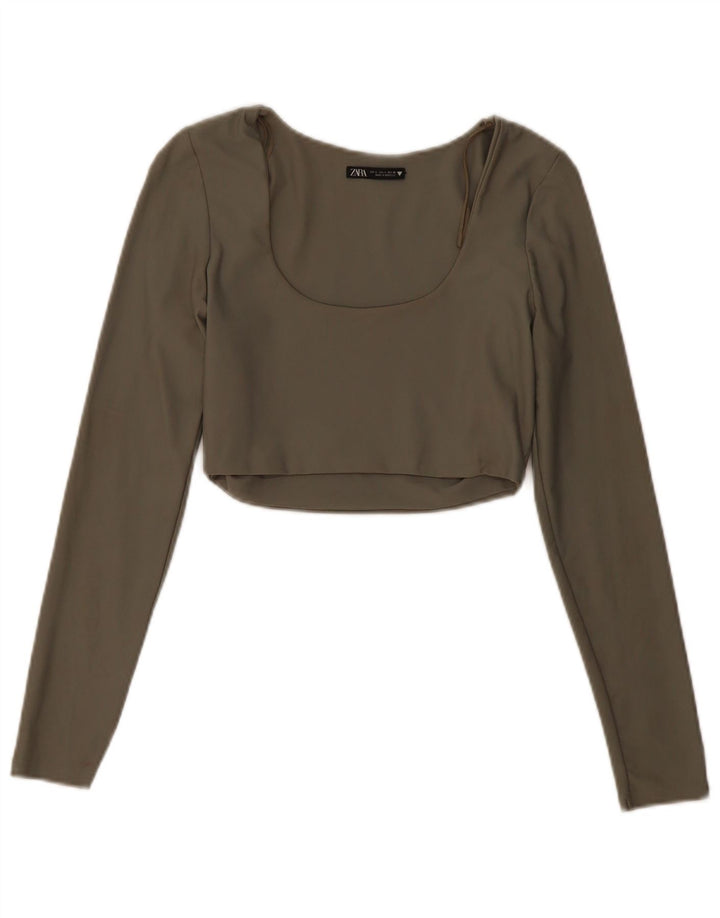 Zara Damen Crop Top Langarm UK 14 Large Khaki Polyamid