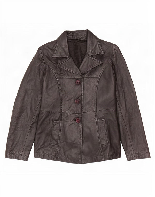 Jaqueta blazer feminina vintage de couro com 3 botões Reino Unido 12 médio preto