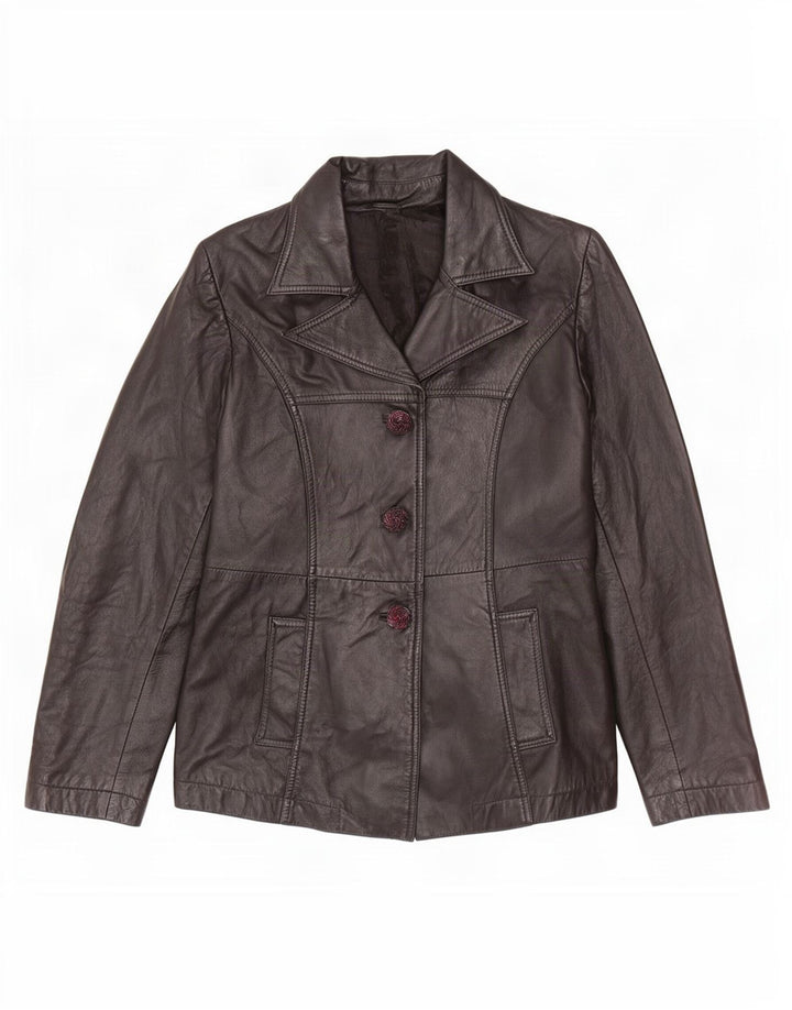 Jaqueta blazer feminina vintage de couro com 3 botões Reino Unido 12 médio preto