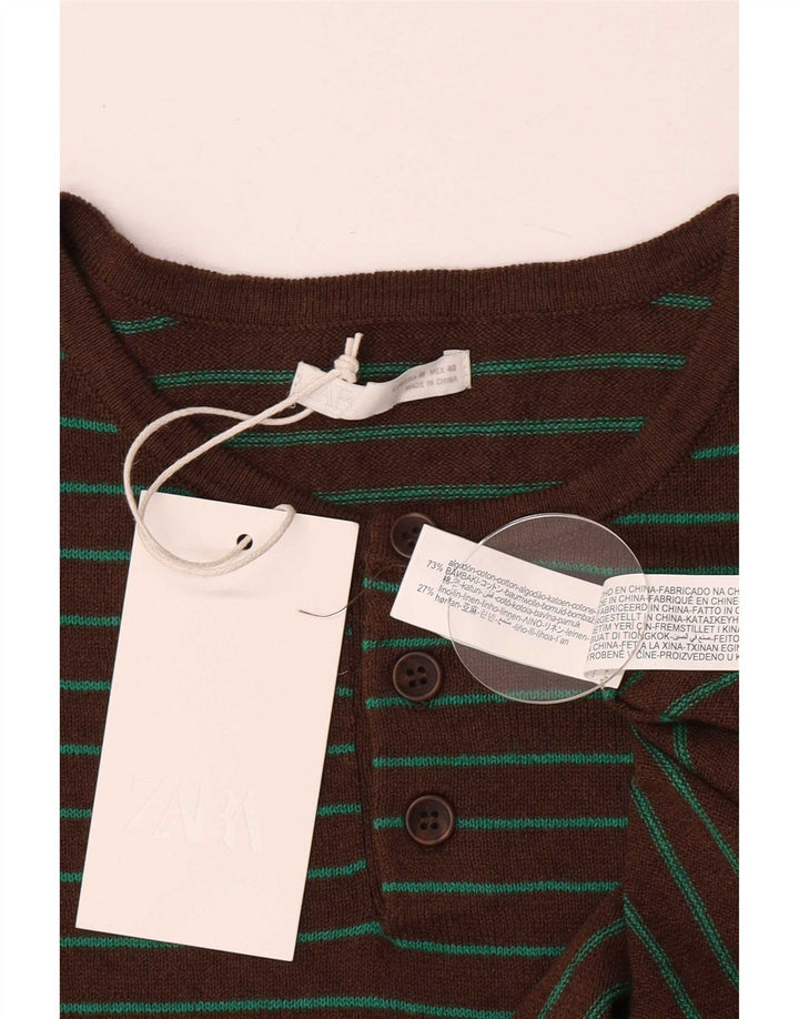 Zara Mens T-Shirt Top Medium Brown Striped Cotton