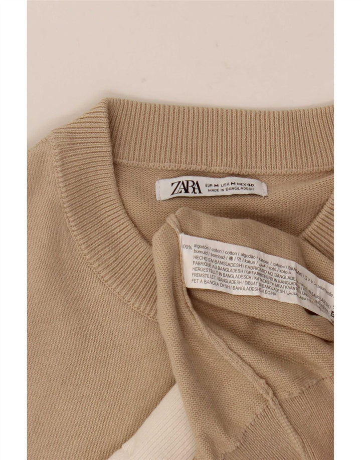 Zara Mens Crew Neck Jumper Sweater Medium Beige Colourblock Cotton