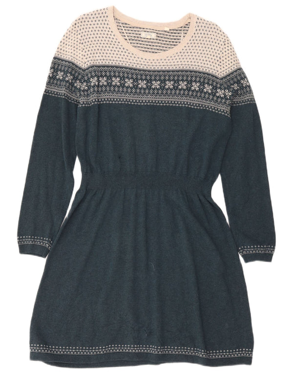 Fat Face Womens Long Sleeve Jumper Dress UK 16 Large Green Fair Isle Cotton