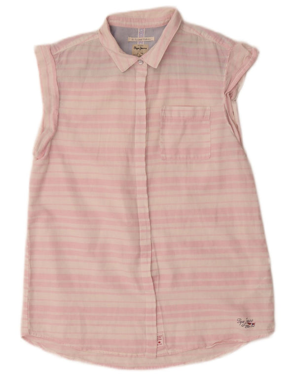 PEPE Jeans Womens Short Sleeve Oversized Shirt UK 6 XS Pink Striped Linen