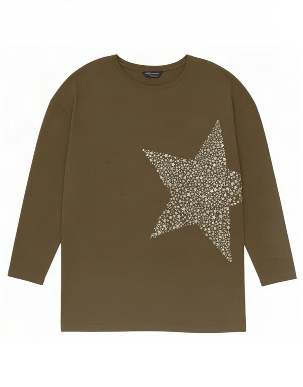 Marks & Spencer Top da donna a maniche lunghe con motivo astratto UK 14 Large Khaki
