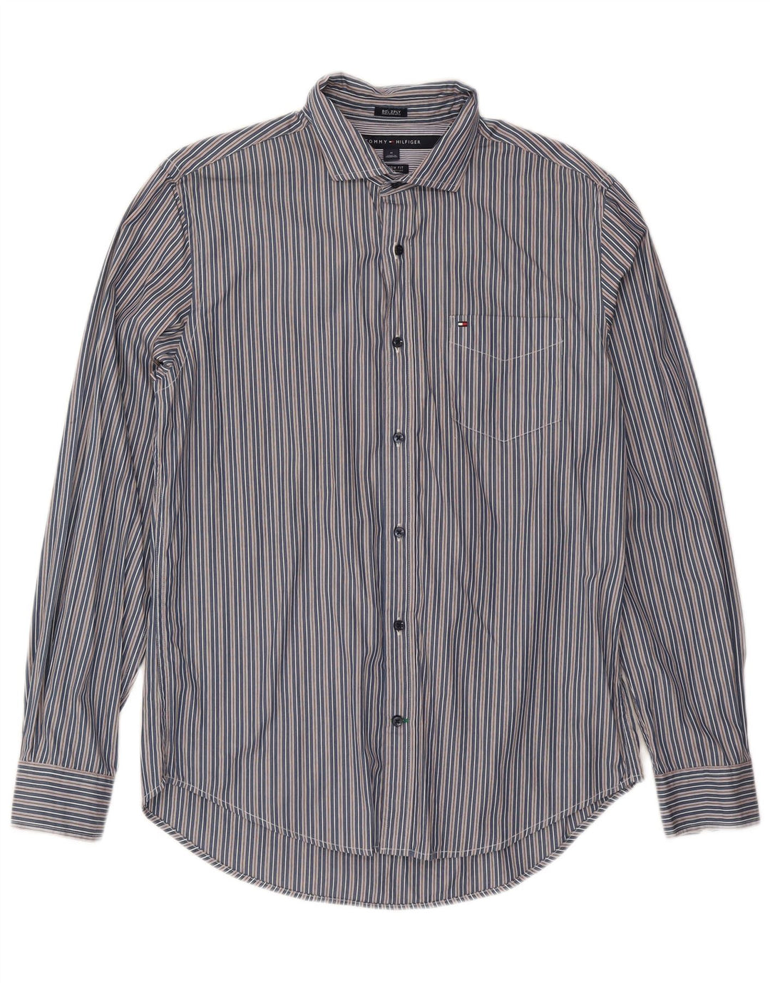 Tommy Hilfiger Mens Custom Fit Shirt Medium Navy Blue Striped Cotton