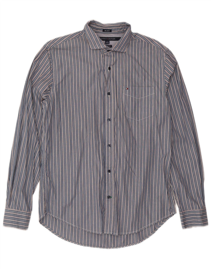Tommy Hilfiger Mens Custom Fit Shirt Medium Navy Blue Striped Cotton