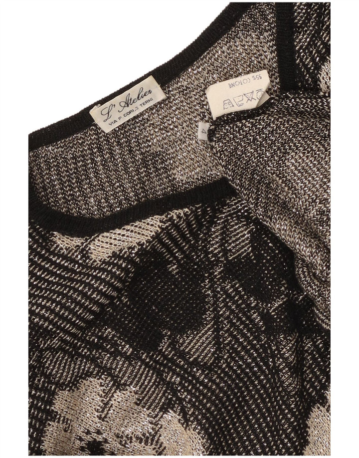 Vintage Womens Button Neck Jumper Sweater UK 14 Medium Black Floral