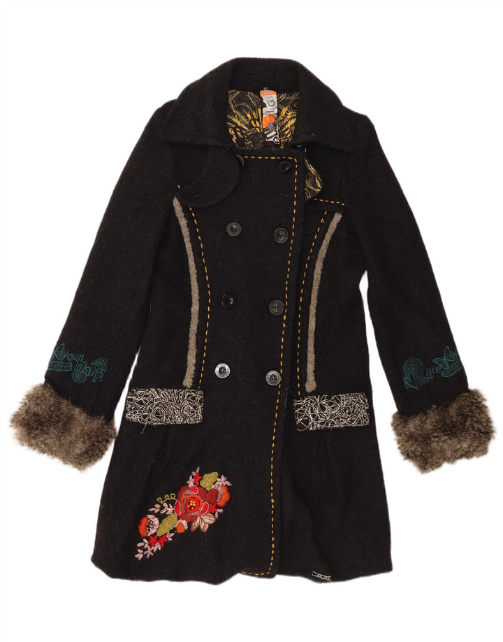 Desigual Womens Graphic Double Breasted Coat EU 40 Medium Black Floral