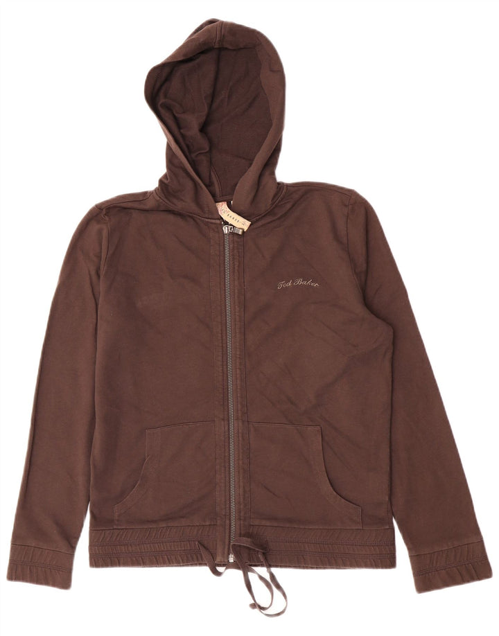 Ted Baker Womens Graphic Zip Hoodie Sweater Size 3 Medium Brown Cotton