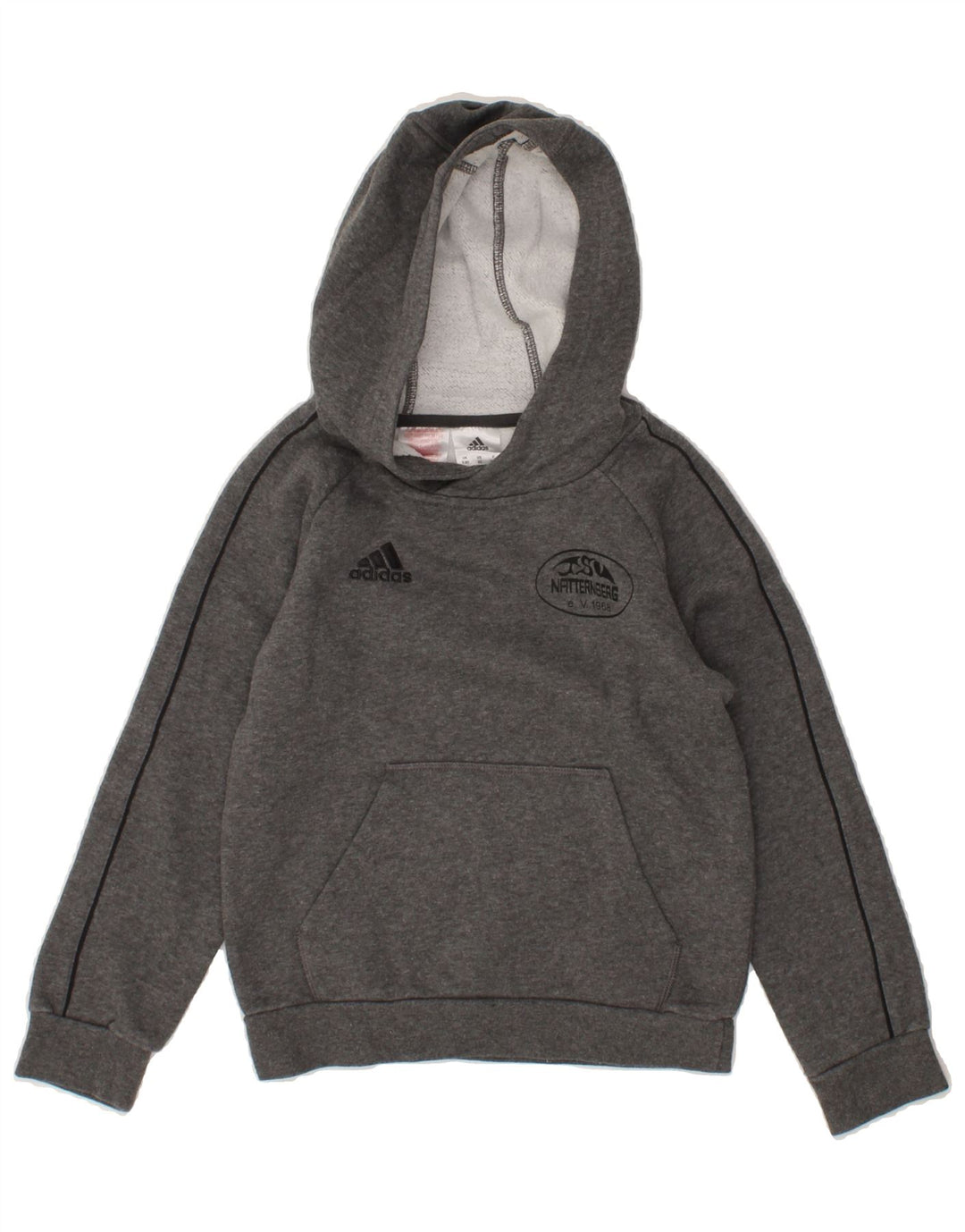 ADIDAS Boys Graphic Hoodie Jumper 7-8 Years Grey Vintage Adidas and Second-Hand Adidas from Messina Hembry 
